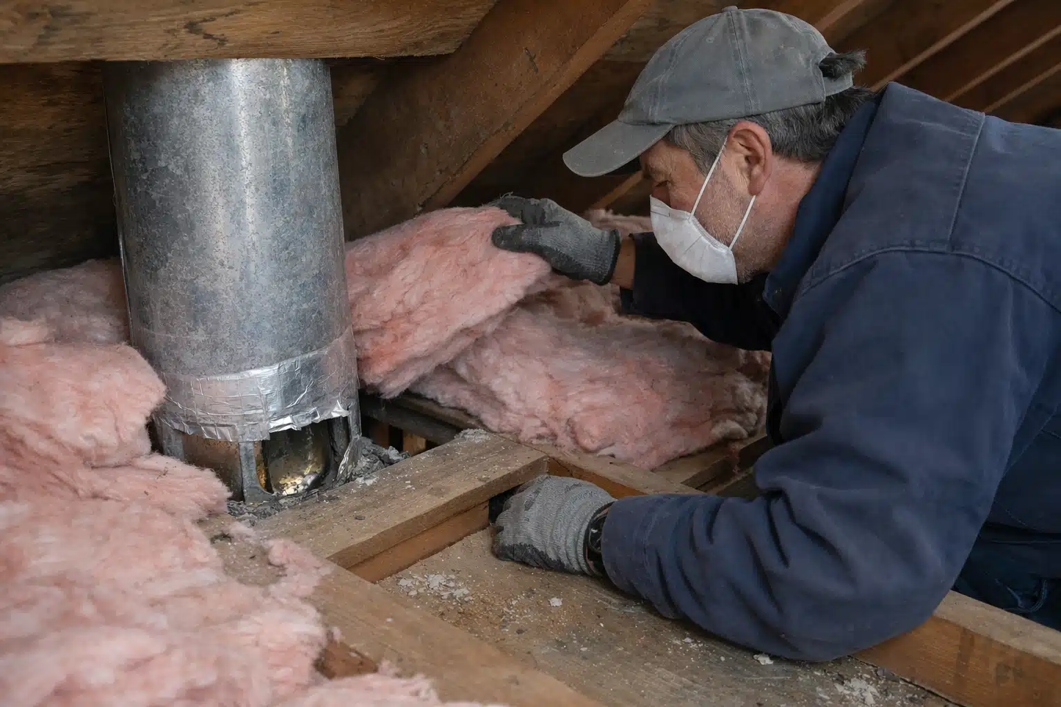 Ouvrier installant une isolation en laine de verre