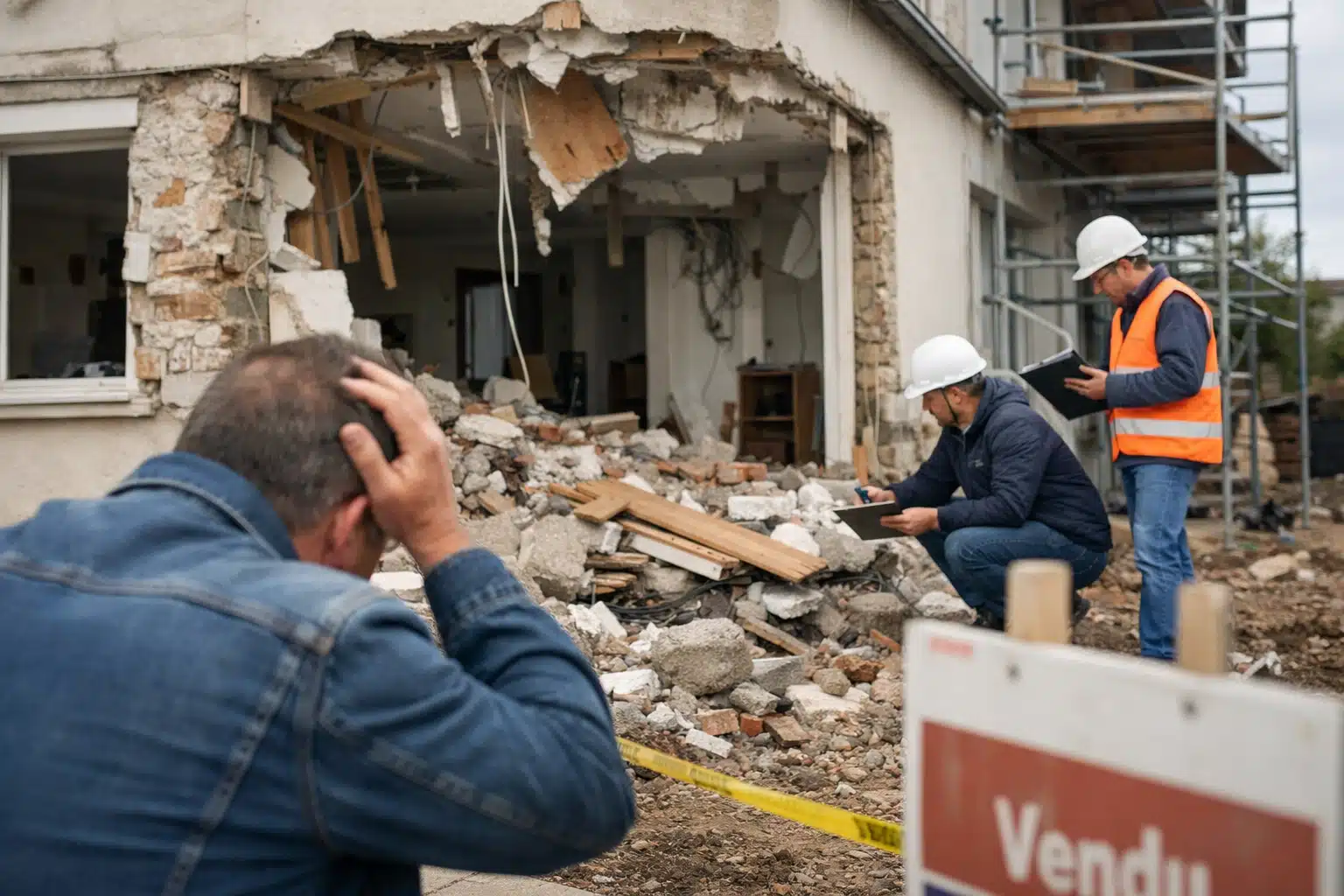 Homme inquiet devant immeuble effondré et décombres