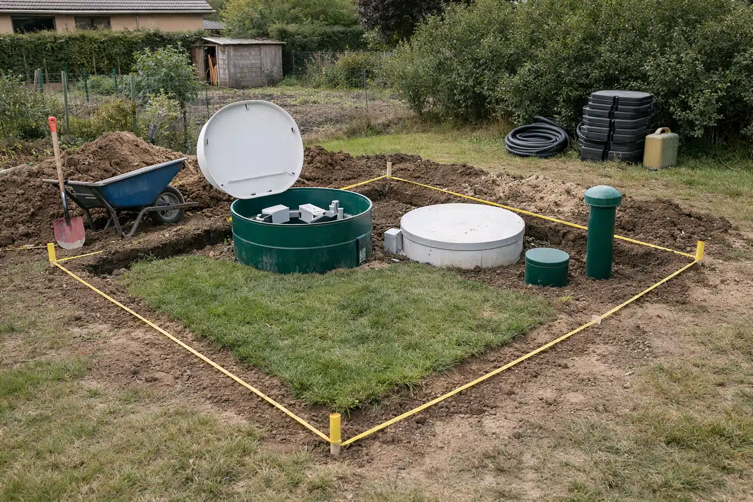 Cuves vertes de fosse septique avec couvercles ouverts