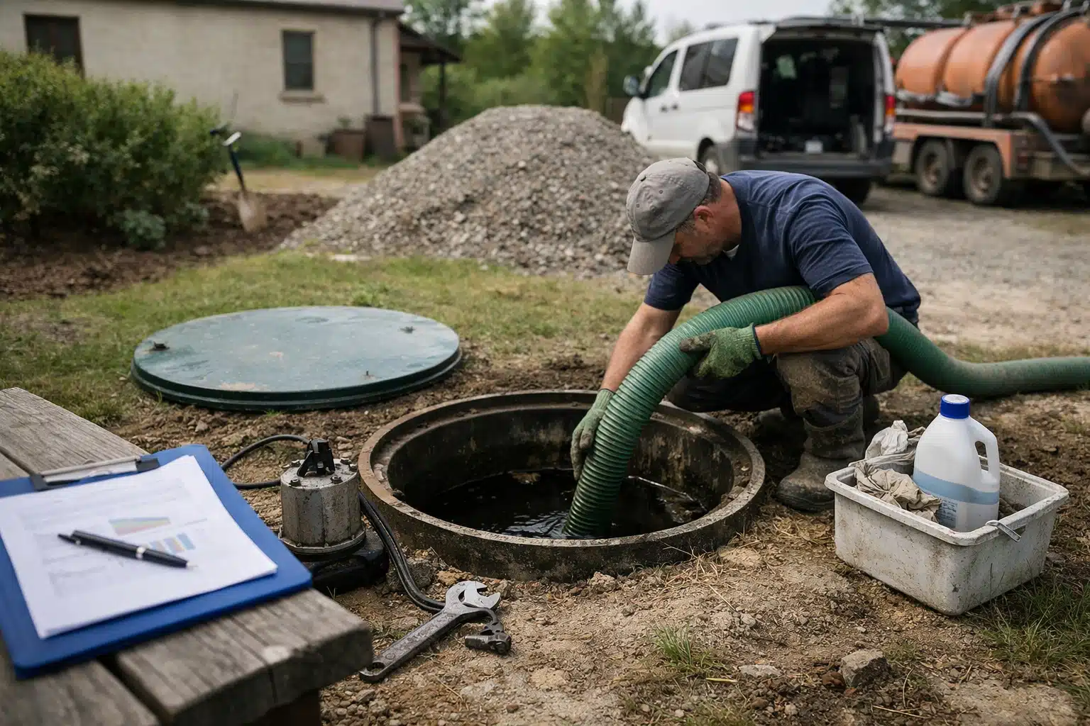 Technicien effectuant la vidange d'une fosse septique