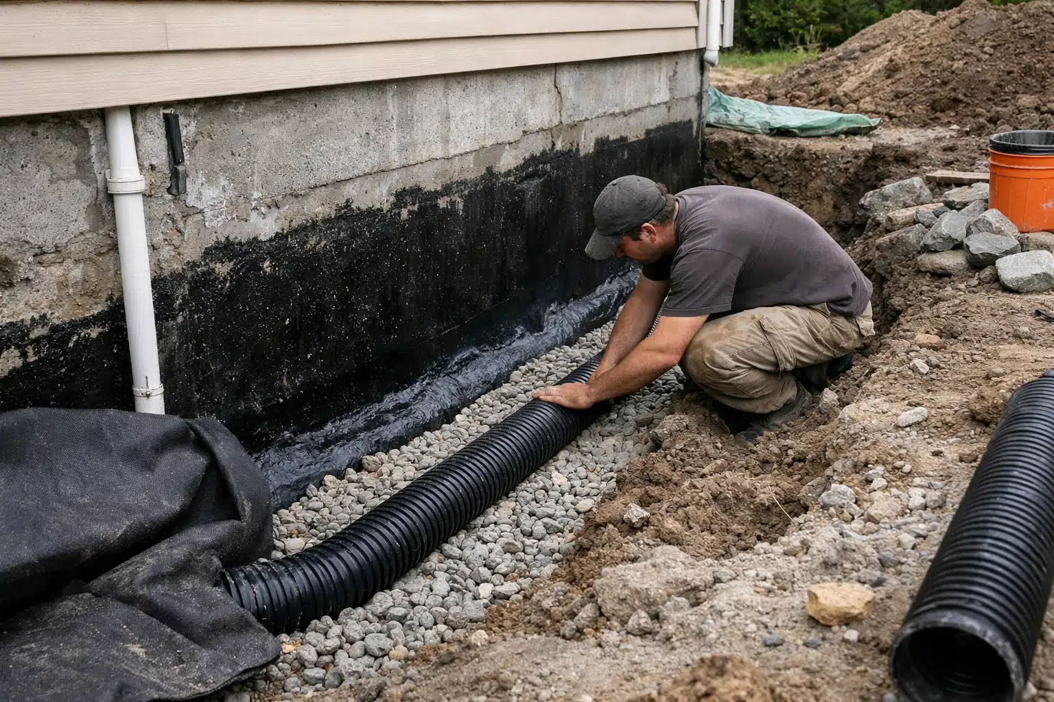 Ouvrier posant un drain perforé entouré de gravier