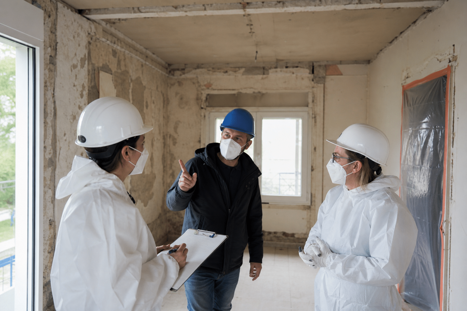 Trois professionnels masqués en visite de chantier