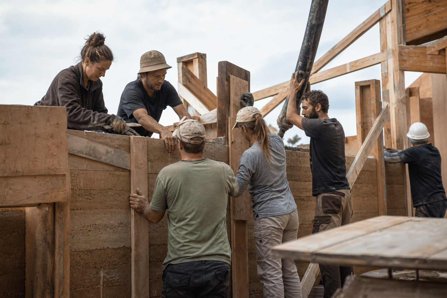 Groupe de personnes assemblant une structure en bois