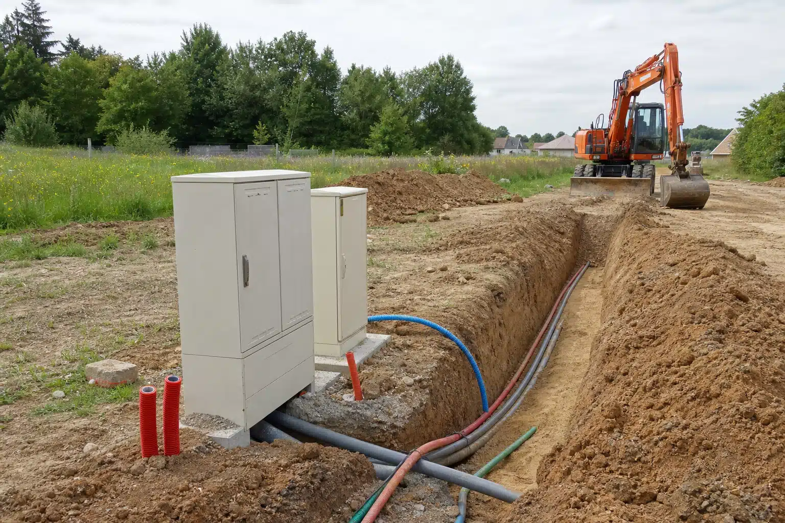 Armoires électriques blanches, câbles et pelle mécanique en tranchée