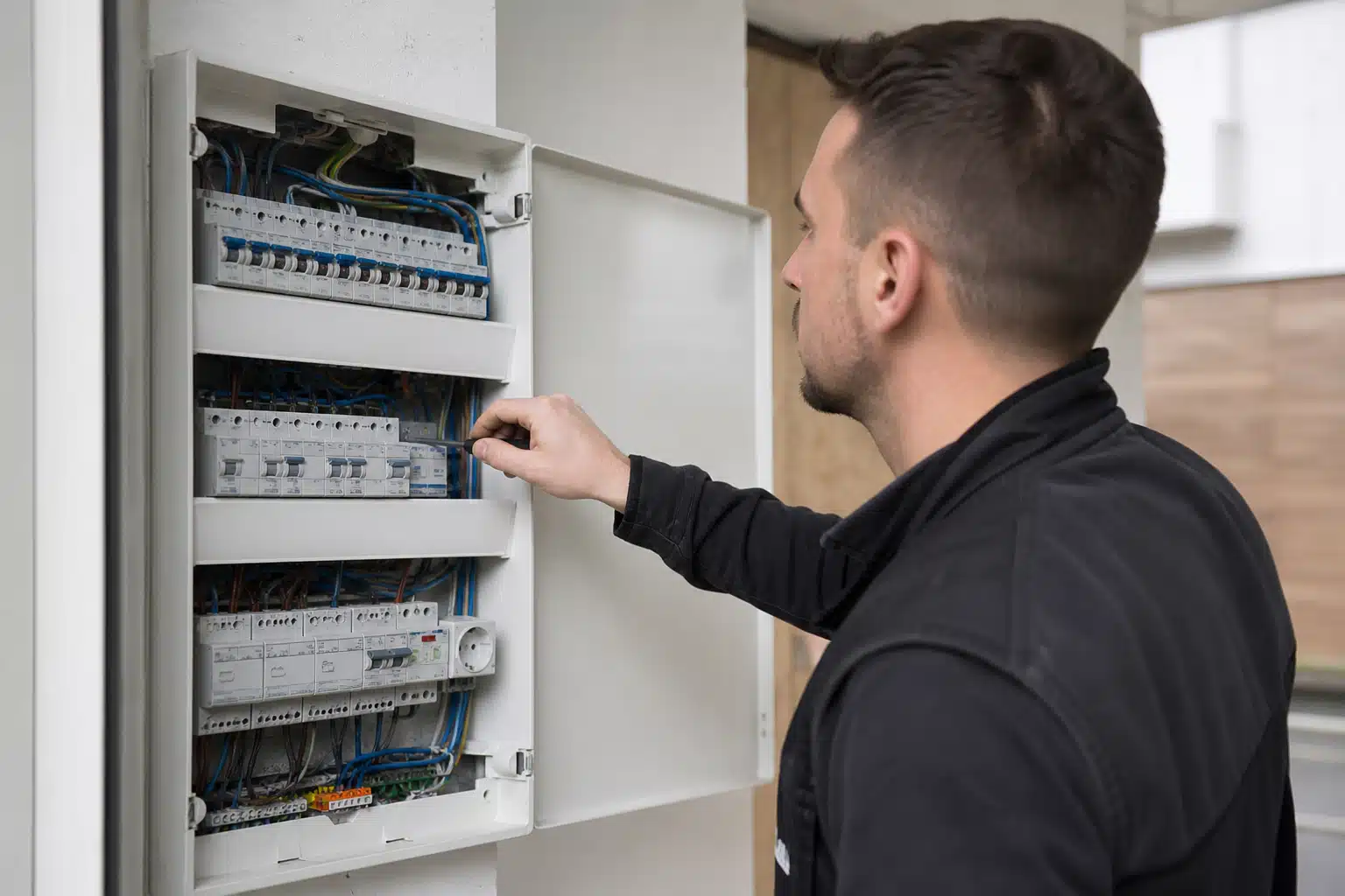 Technicien ajustant un tableau électrique domestique
